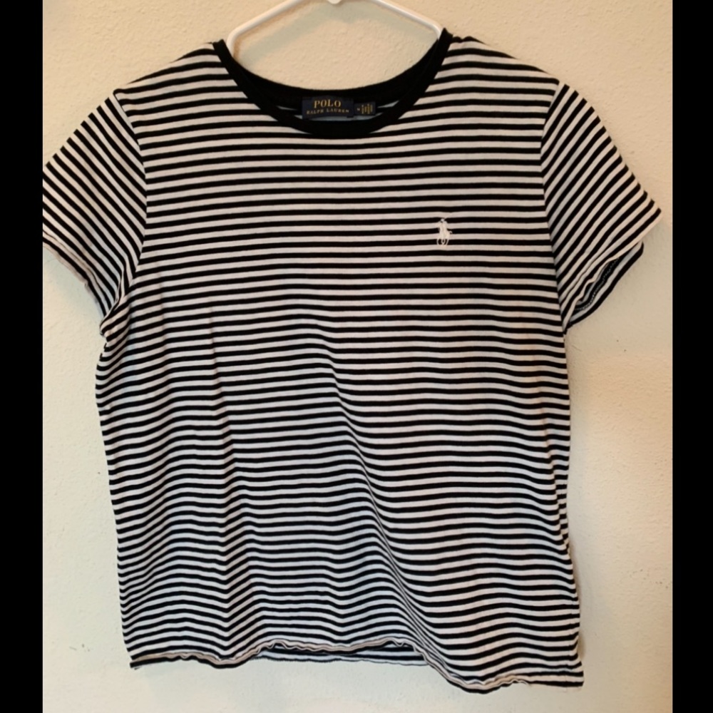 Black and white striped polo shirt